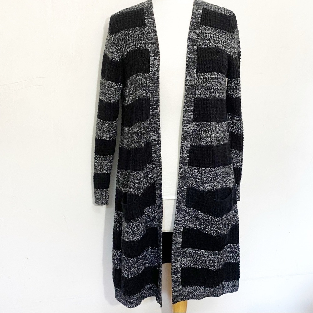 MASSINI duster length wide textured stripes pockets open cardigan sweater M